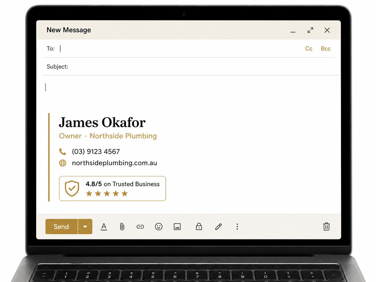 Email signature with a TrustStanding 4.8 out of 5 gold rating badge