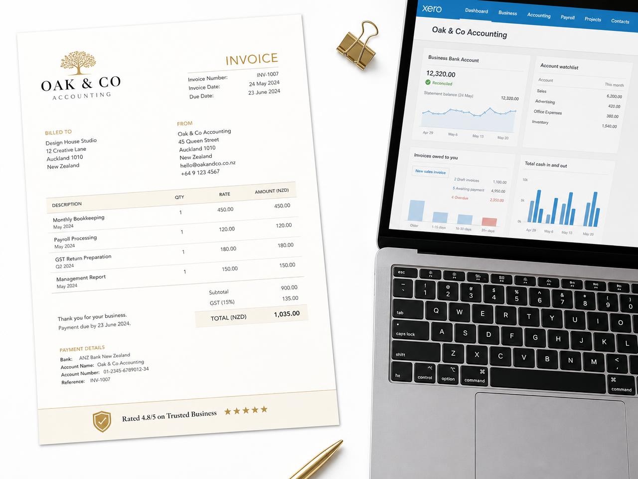 Printed invoice with a TrustStanding gold trust badge beside Xero accounting software