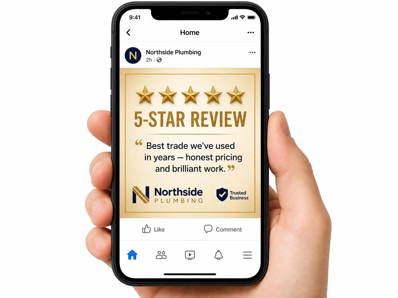 Phone showing a five-star TrustStanding review graphic posted on social media