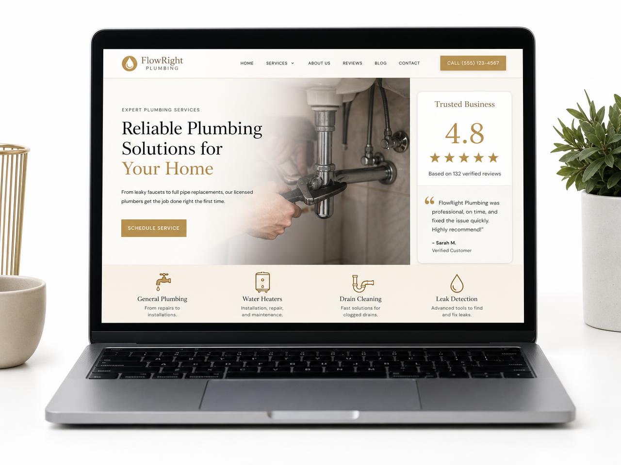 TrustStanding review widget showing a 4.8 gold rating on a plumbing company website